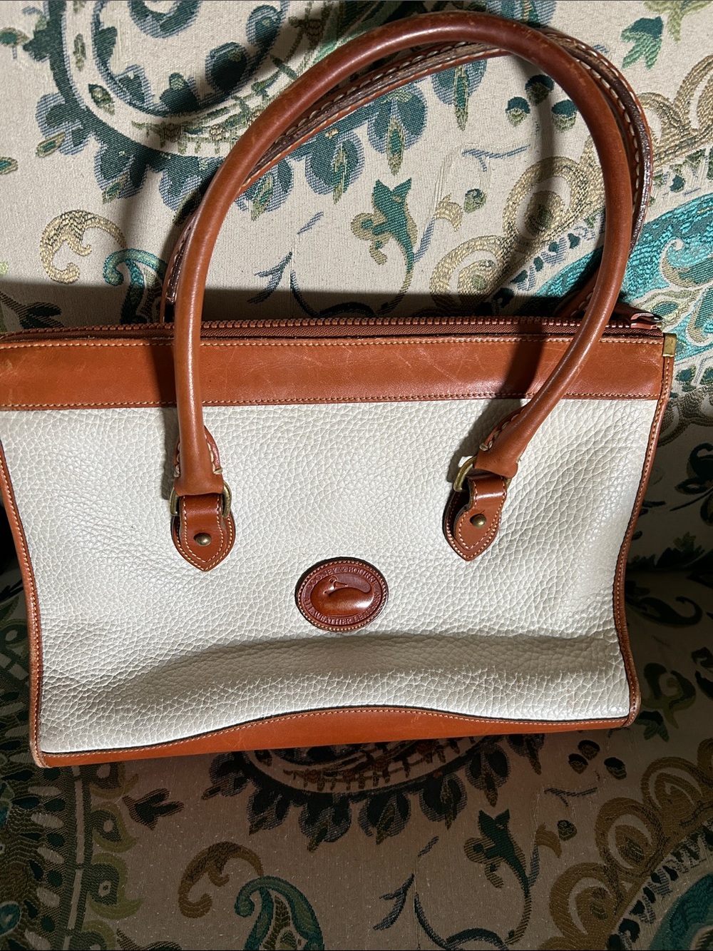 Dooney & Bourke Cream Pebbled Leather Tote with Brown Trim